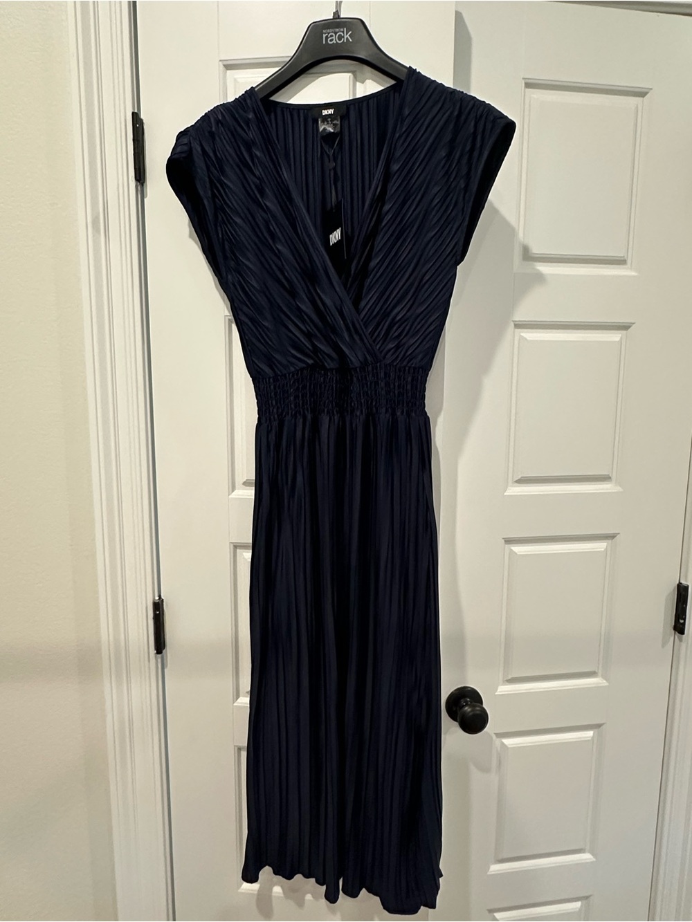 DKNY Pleated V-Neck Midi Dress in Navy